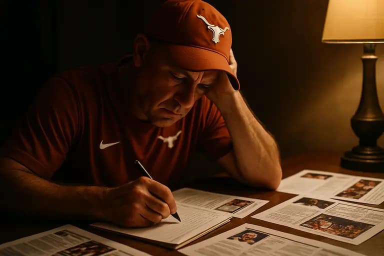 Texas players listening during a sideline huddle at practice