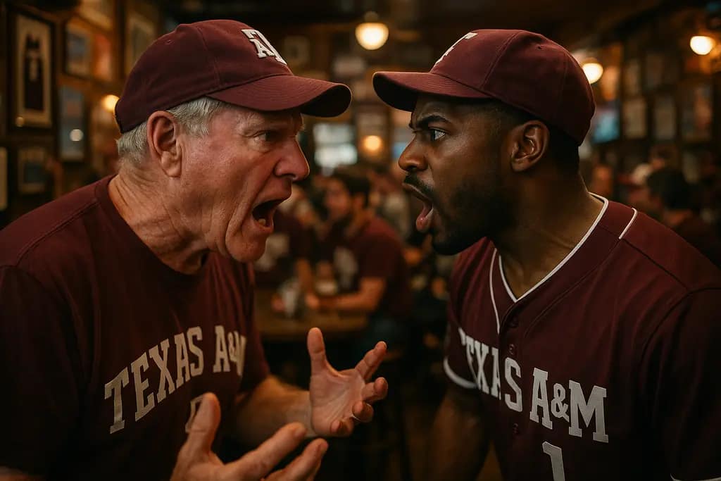 Texas A&M rivalry fans gathering outside a college football stadium before kickoff