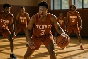 Amari Evans transfer analysis with Texas guard defending on a college court