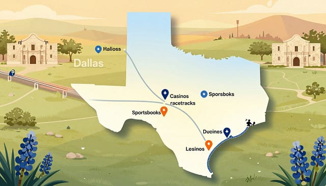 A map or illustration showing distances to major Texas offline betting locations A map or illustration showing distances to major Texas offline betting locations