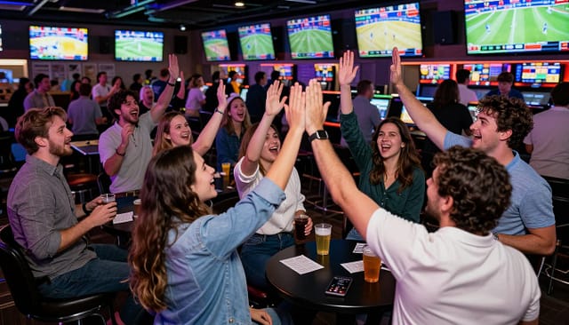 Social atmosphere in a land based sportsbook crowd cheering Social atmosphere in a land based sportsbook crowd cheering
