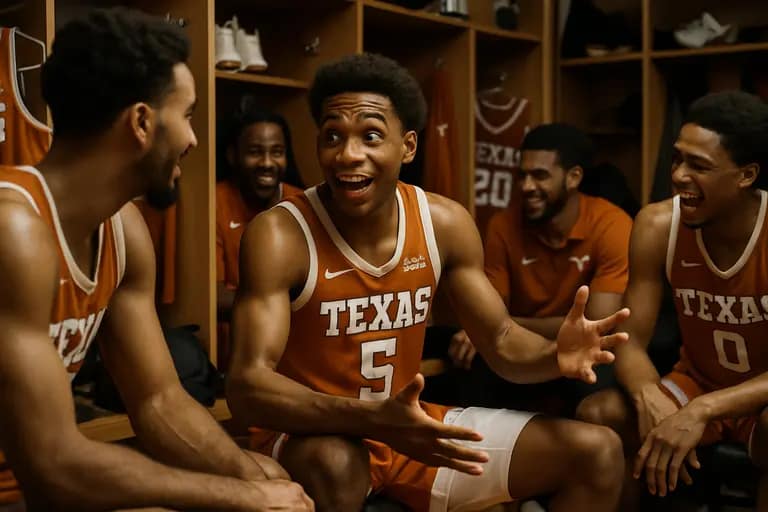College basketball players listening during a timeout near the bench